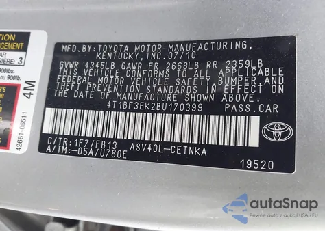 2011 Toyota Camry Le from USA, damaged, VIN 4T1BF3EK2BU170399